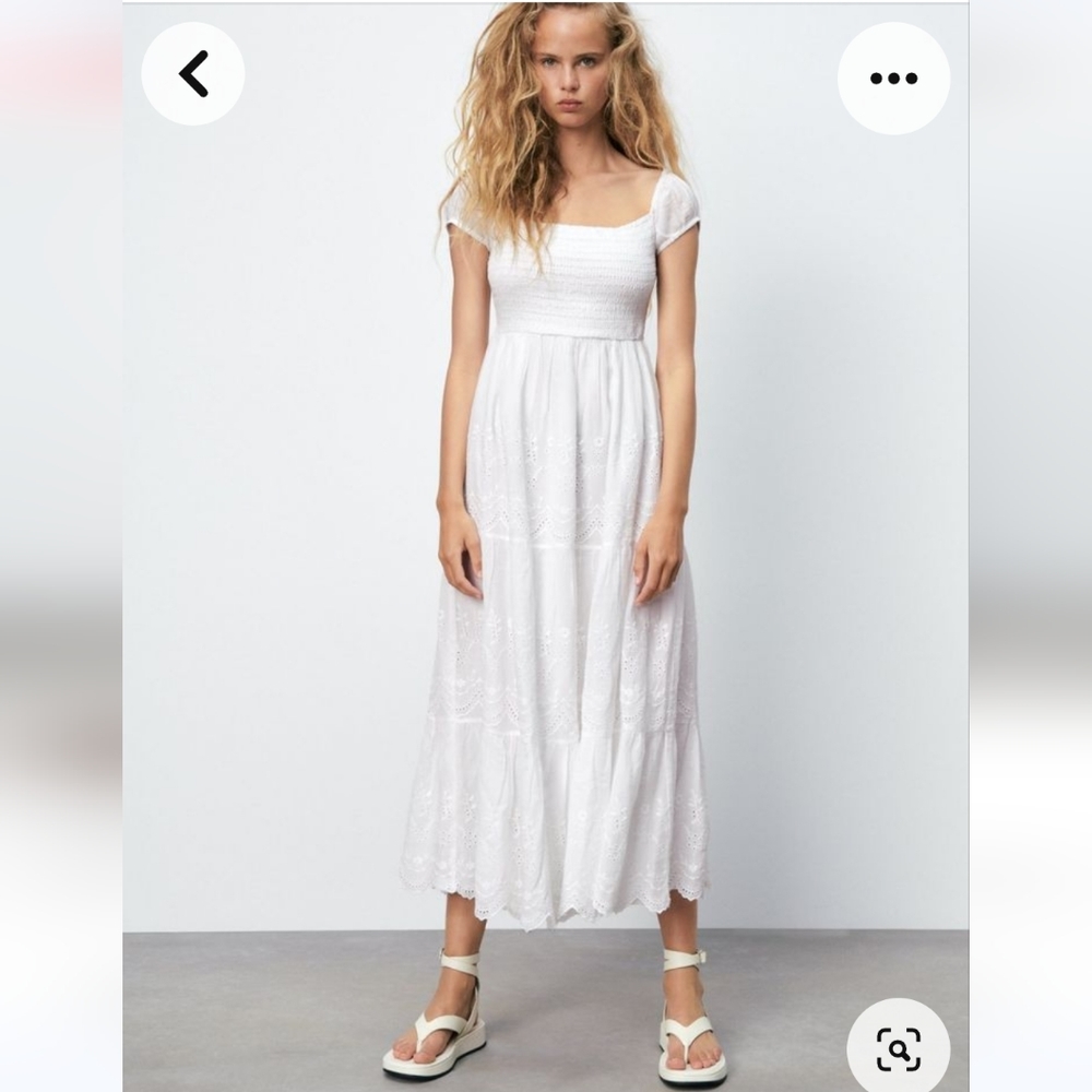 Zara women's white lace cotton smocked bodice tiered cap sleeve maxi dress XS